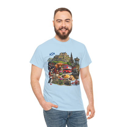 Scotland / Edinburgh Travel Collage T-Shirt — Edinburgh Castle, Bagpipes & Local Icons