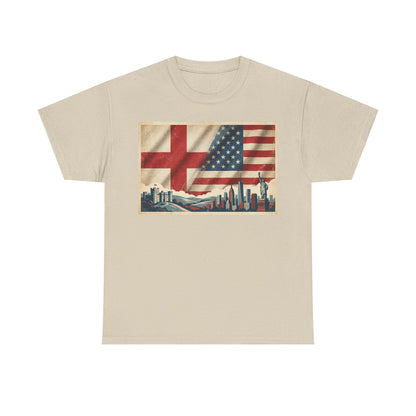 England + USA Flag Skyline T-Shirt — Vintage London & New York City Pride Tee