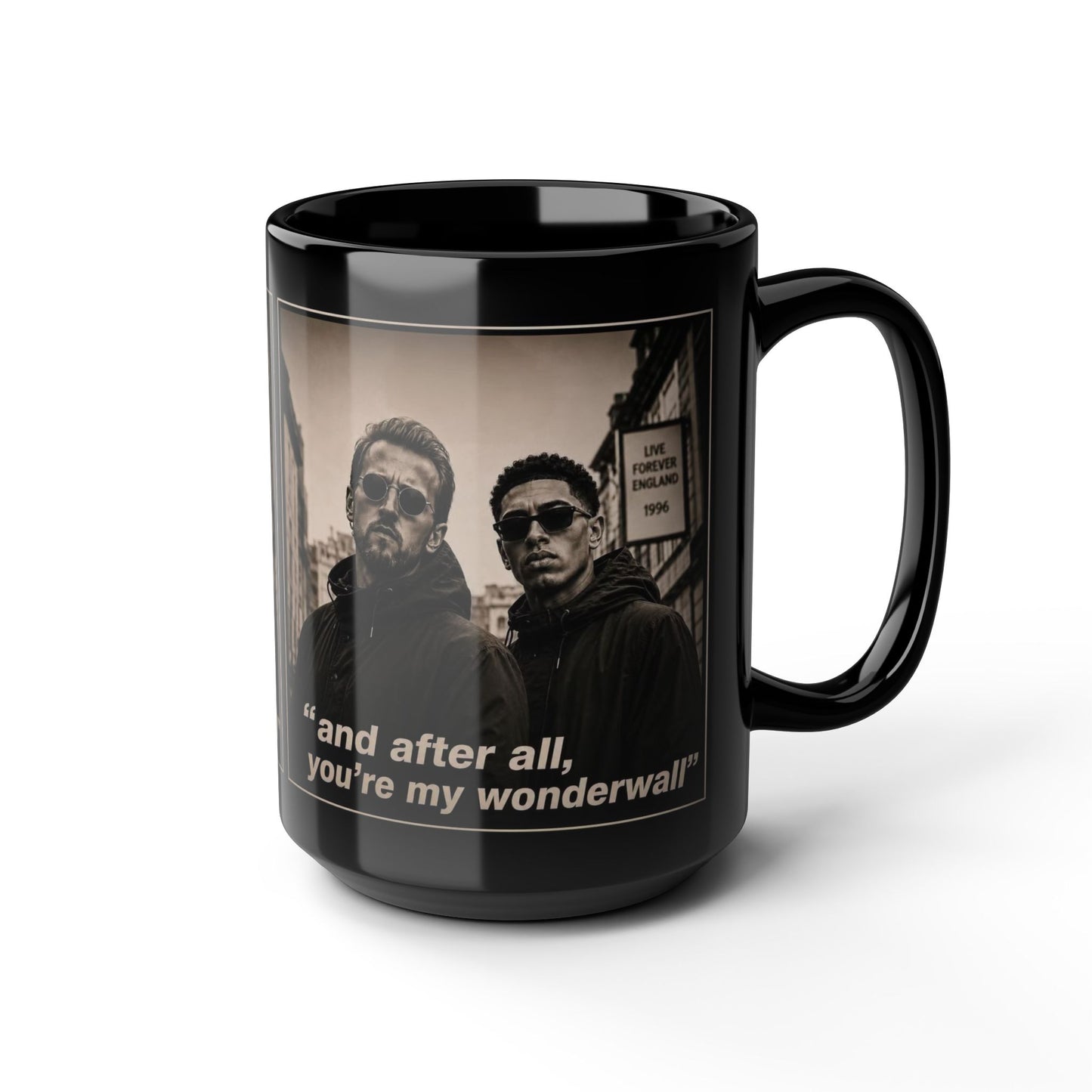 Kane and Bellingham Lyric Photo Black Mug — “and after all, you’re my wonderwall” Band Tribute Coffee Cup