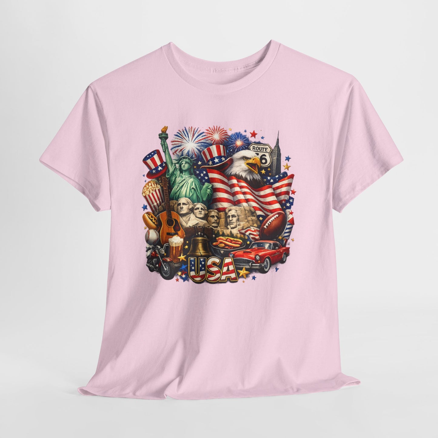 Patriotic USA Graphic Tee – American Flag, Statue of Liberty & Fireworks T-Shirt