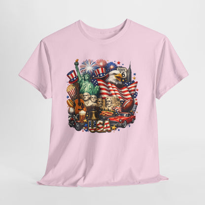 Patriotic USA Graphic Tee – American Flag, Statue of Liberty & Fireworks T-Shirt