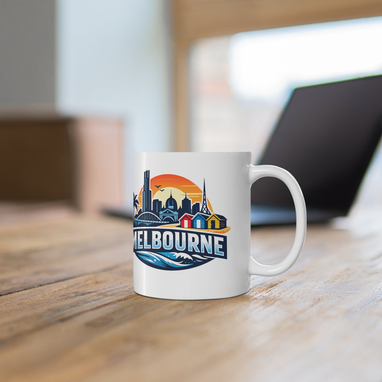 Melbourne Skyline Ceramic Coffee Mug — Retro Beach Cityscape 11oz/15oz