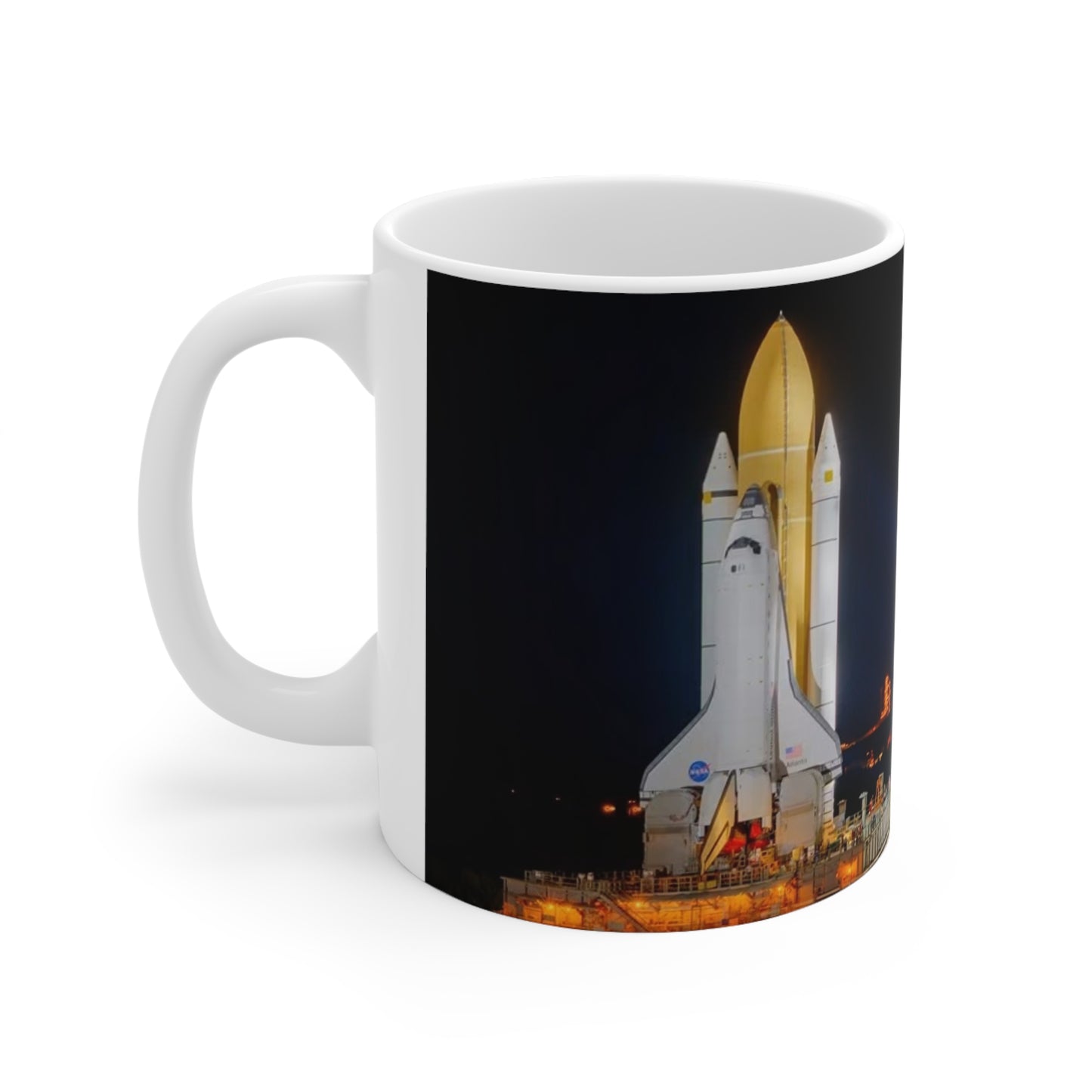Space Shuttle Night Launch Ceramic Mug — NASA Rocket Coffee Cup (11oz/15oz)