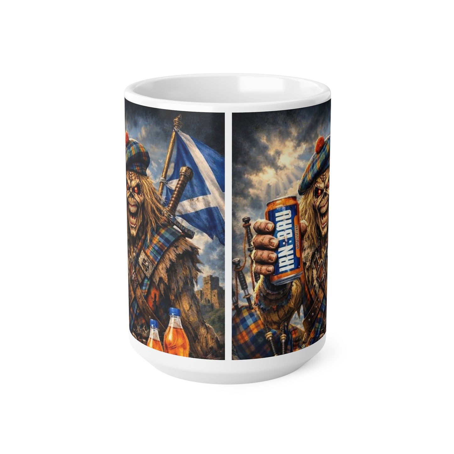 Scottish Heavy Metal Skull Mug — 'Iron-Bruh' Kilted Skeleton Coffee Cup (11oz & 15oz)