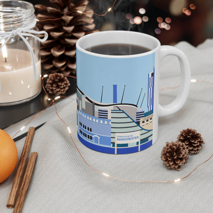 Welcome to Manchester City Skyline Mug — Blue Illustrated Landmark Coffee Cup (11oz & 15oz)