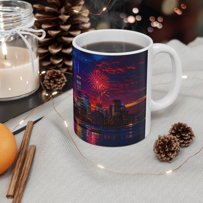 New York City Fireworks Skyline Ceramic Mug — Statue of Liberty 4th of July Coffee Cup (11oz & 15oz)