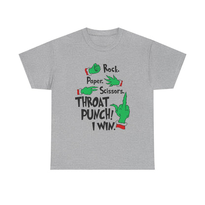 Funny Holiday Tee — "Rock. Paper. Scissors. Throat Punch! I Win" Graphic T-Shirt