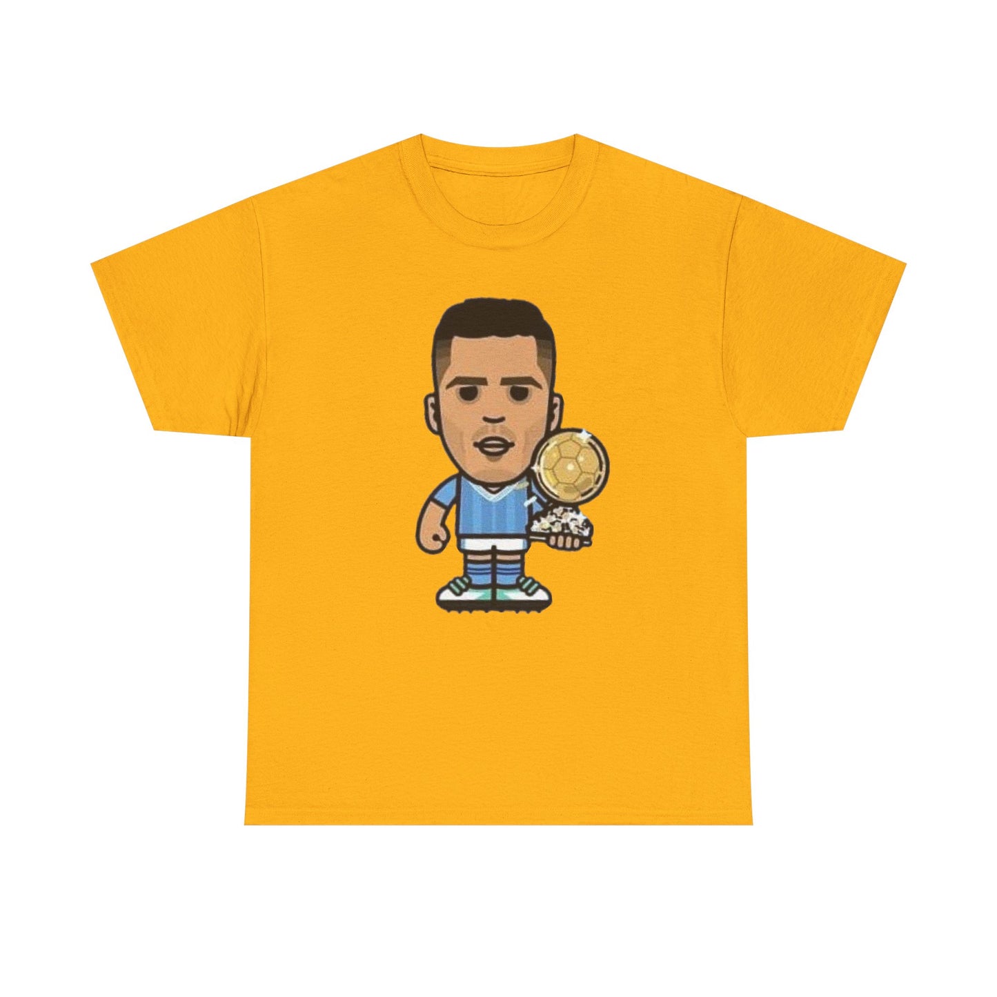 Rodri Manchester City Cartoon Tee — Player Holding Trophy Graphic Shirt
