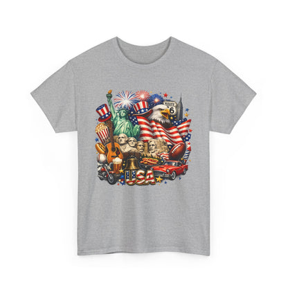 Patriotic USA Graphic Tee – American Flag, Statue of Liberty & Fireworks T-Shirt
