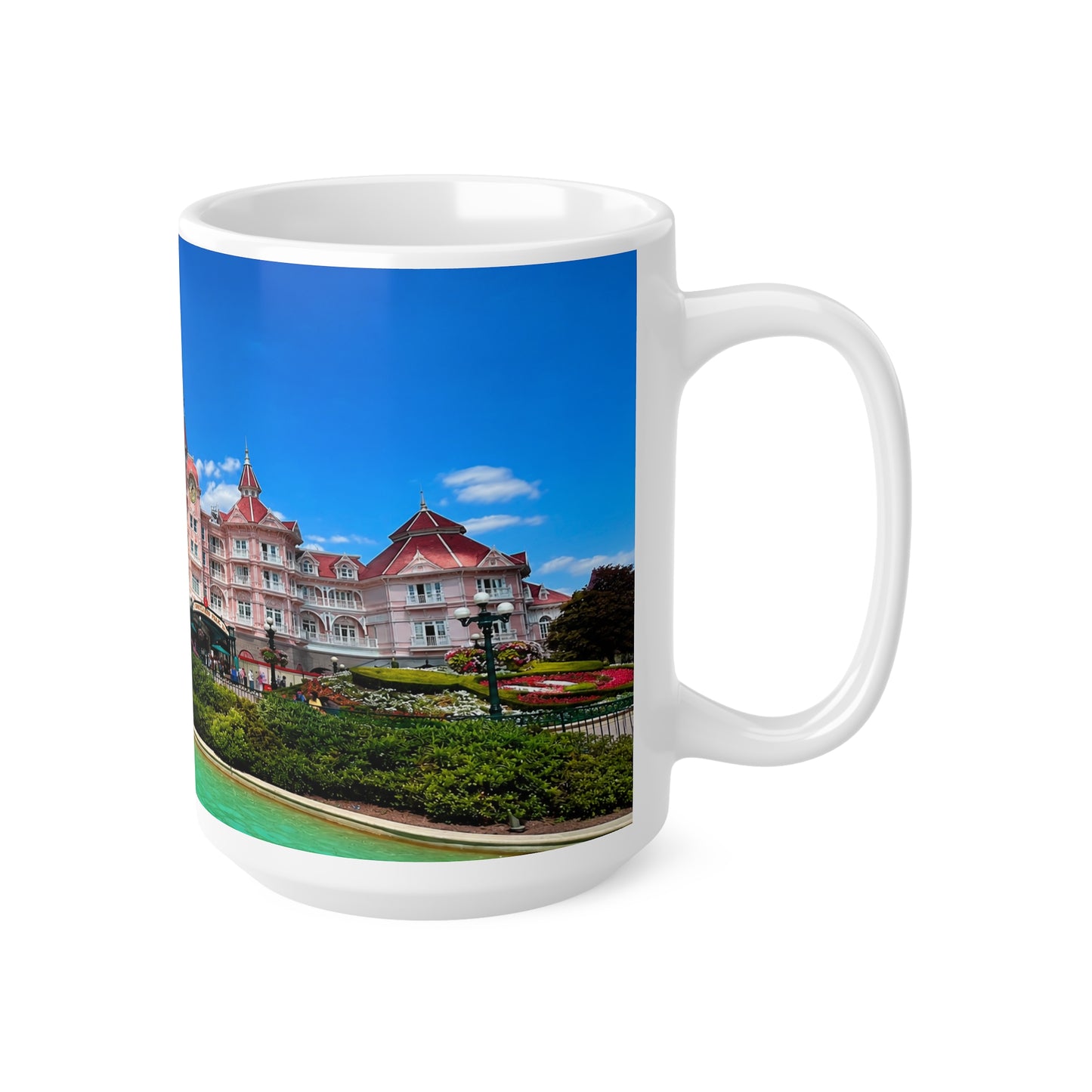 Disneyland Paris Pink Castle Photo Mug — Floral Park Scenic Coffee Cup (11oz, 15oz)