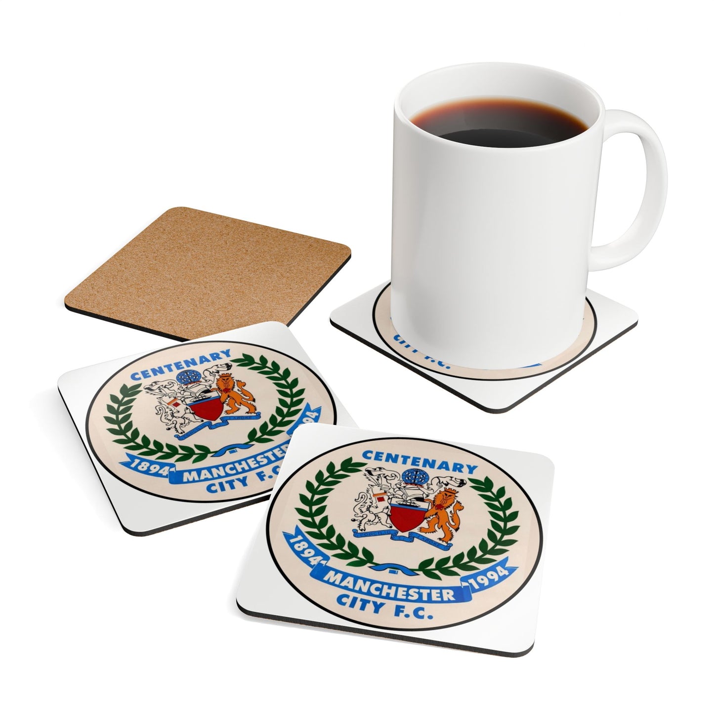 Manchester City FC Centenary Cork Coaster Set — 1894–1994 Football Crest Coasters