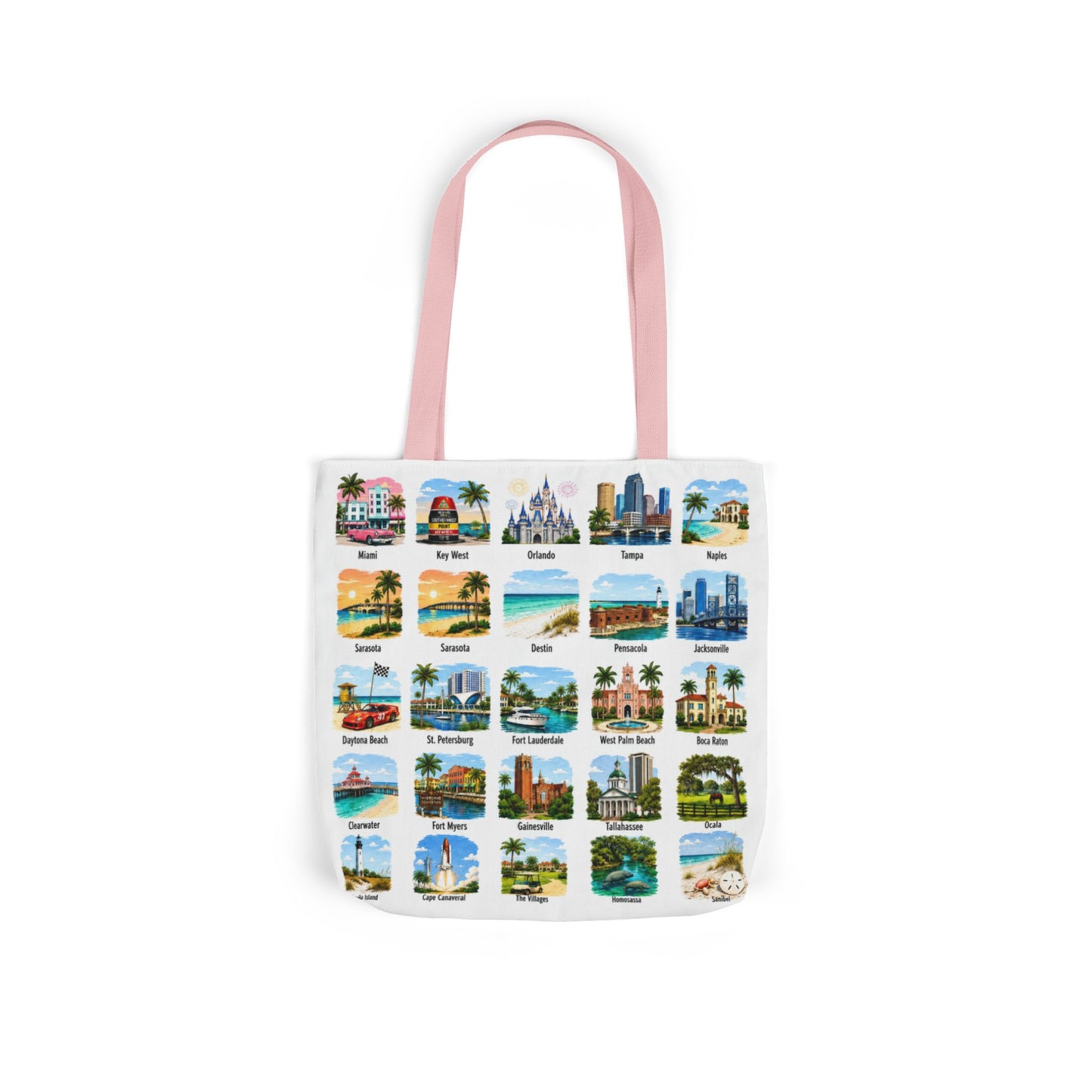 Florida City Landmark Collage Canvas Tote Bag — Vintage Travel Icons Print