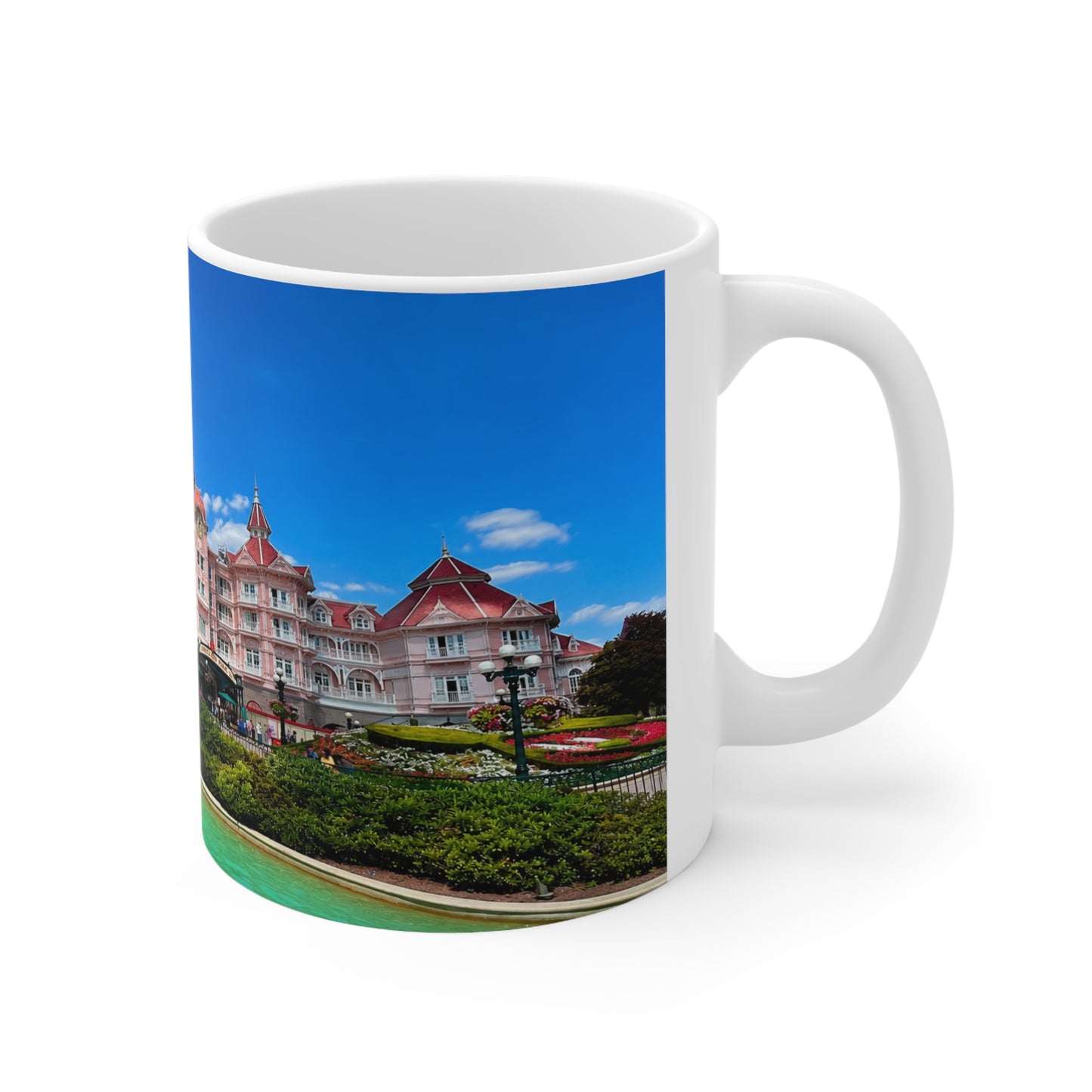Disneyland Paris Pink Castle Photo Mug — Floral Park Scenic Coffee Cup (11oz, 15oz)