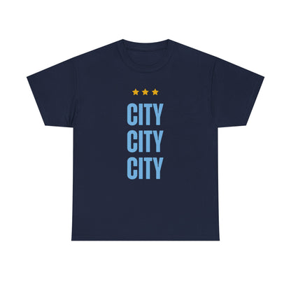 Manchester City City City Tee — Minimal Skyline Graphic T‑Shirt with Three Stars