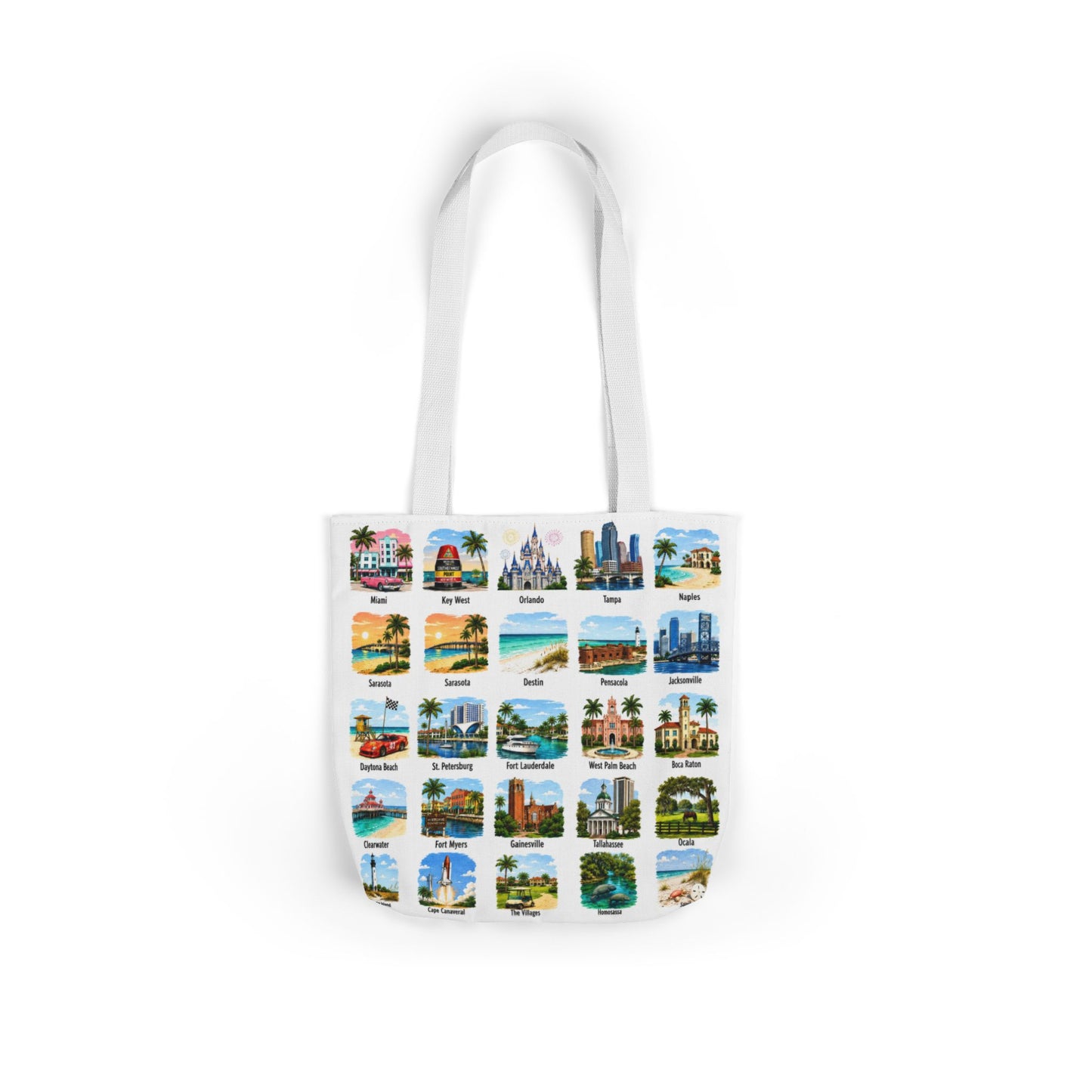 Florida City Landmark Collage Canvas Tote Bag — Vintage Travel Icons Print