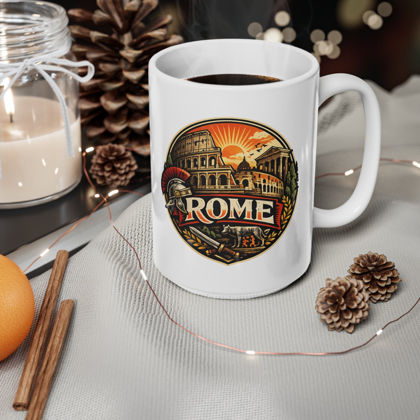 Rome Vintage Emblem Ceramic Coffee Mug — Colosseum & Legion Travel Souvenir (11oz/15oz)