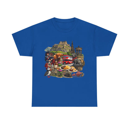 Scotland / Edinburgh Travel Collage T-Shirt — Edinburgh Castle, Bagpipes & Local Icons