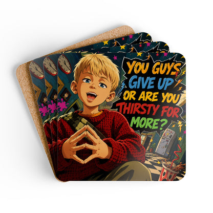Home Alone Inspired Anime Quote Corkwood Coaster Set — "You Guys Give Up or Are You Thirsty for More?"
