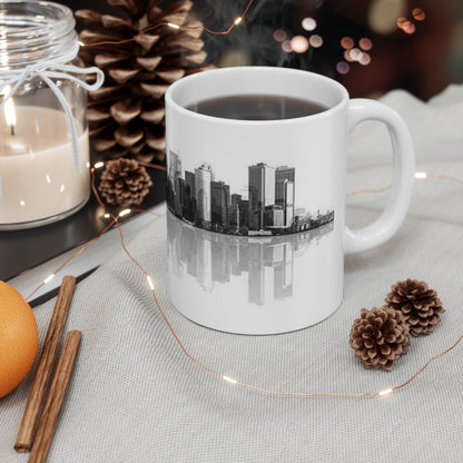 City Skyline Coffee Mug — Black & White Reflective New York Skyline, 11oz/15oz Ceramic
