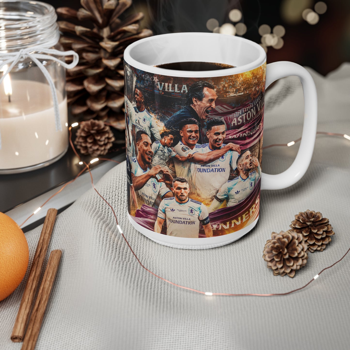 Aston Villa Europa League Winners Celebration Ceramic Mug — Fan Collage Coffee Cup (11oz/15oz)