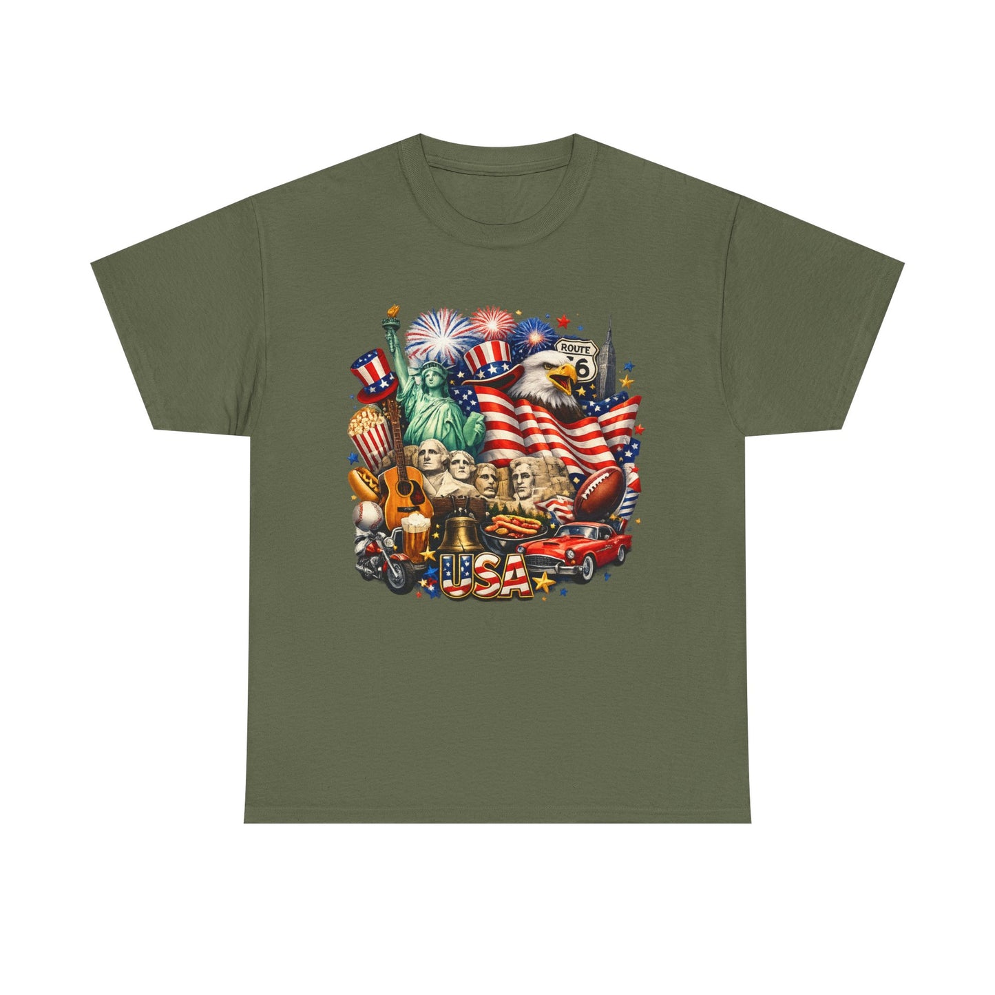 Patriotic USA Graphic Tee – American Flag, Statue of Liberty & Fireworks T-Shirt