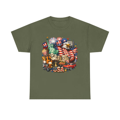 Patriotic USA Graphic Tee – American Flag, Statue of Liberty & Fireworks T-Shirt