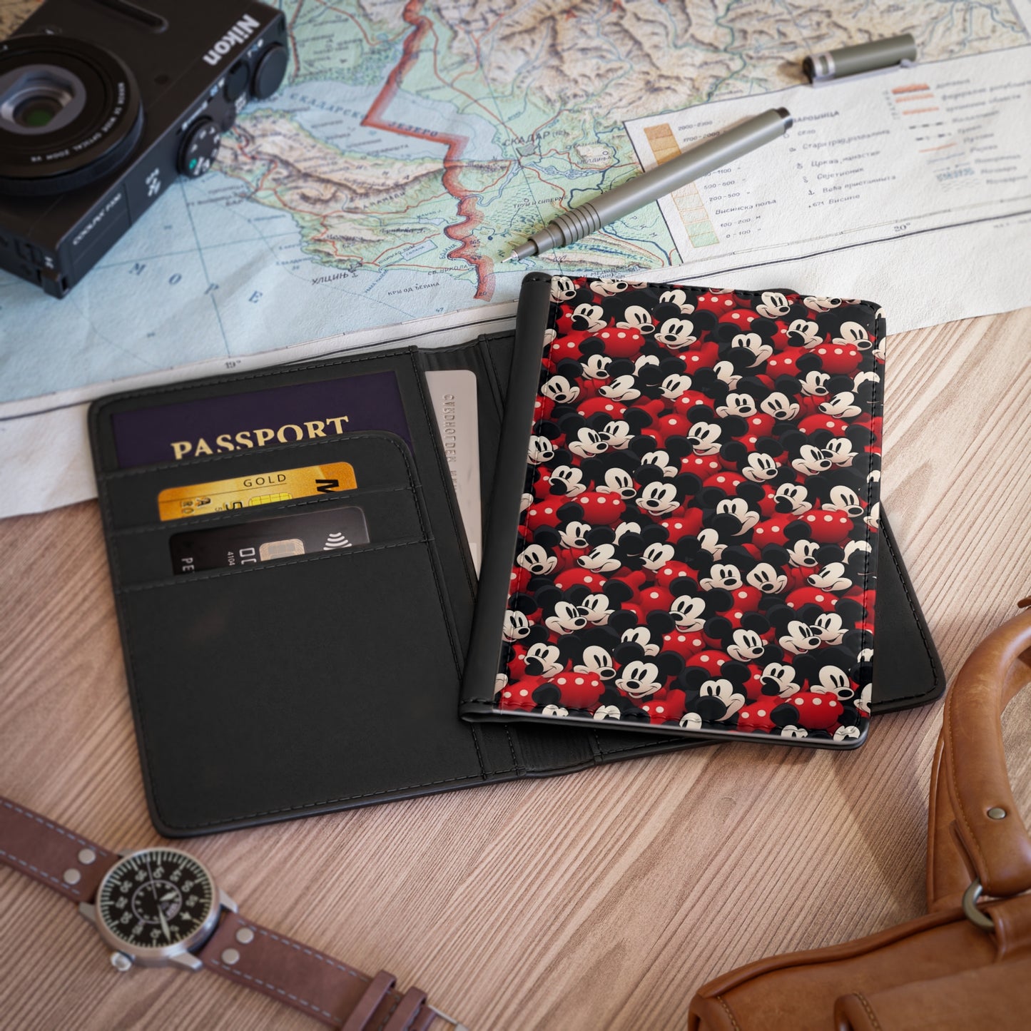 Mickey Mouse Pattern Passport Cover — Retro Cartoon Travel Wallet