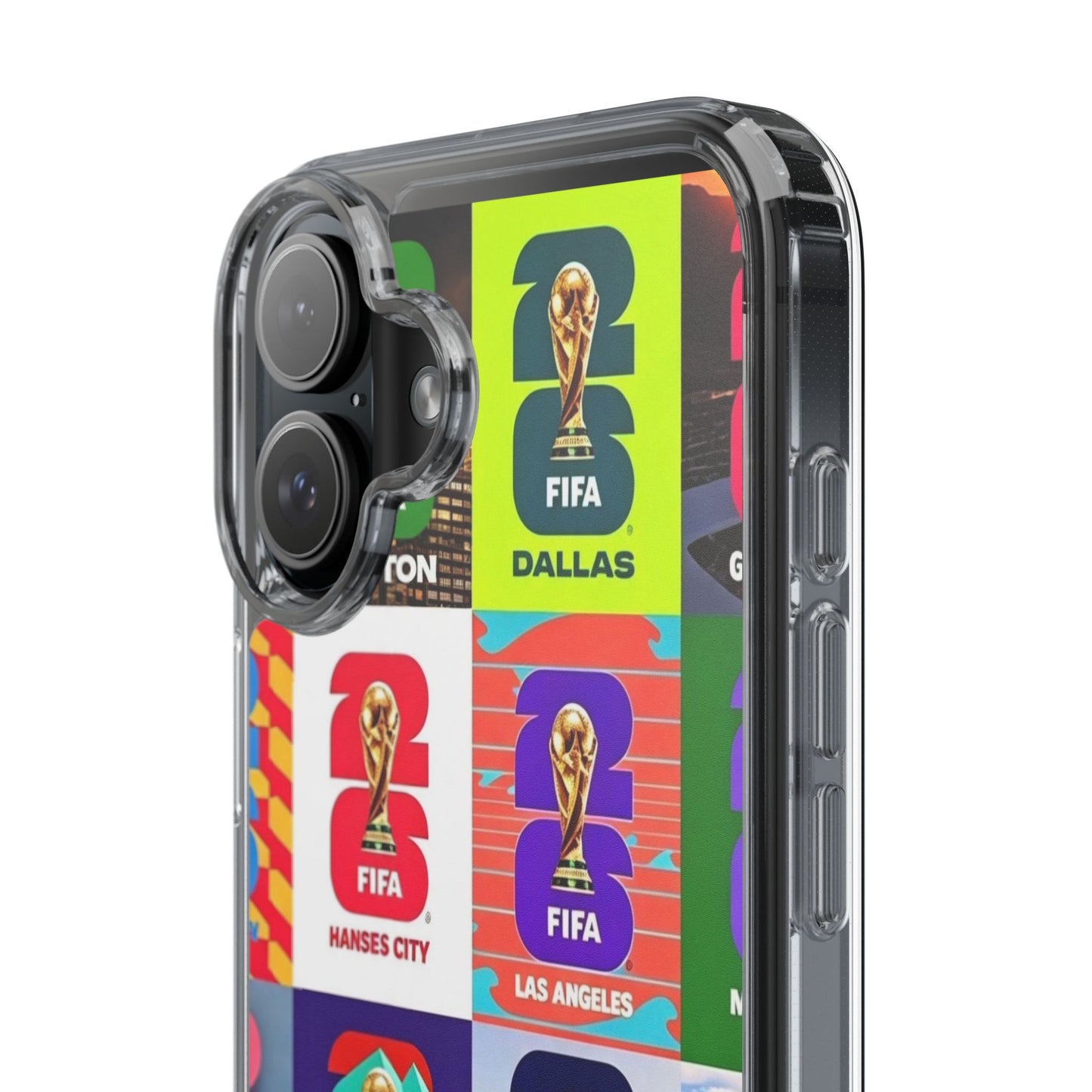 FIFA World Cup Pop Art Clear Phone Case — City Badge Collage (Dallas, LA, Monterrey, Toronto, Seattle)