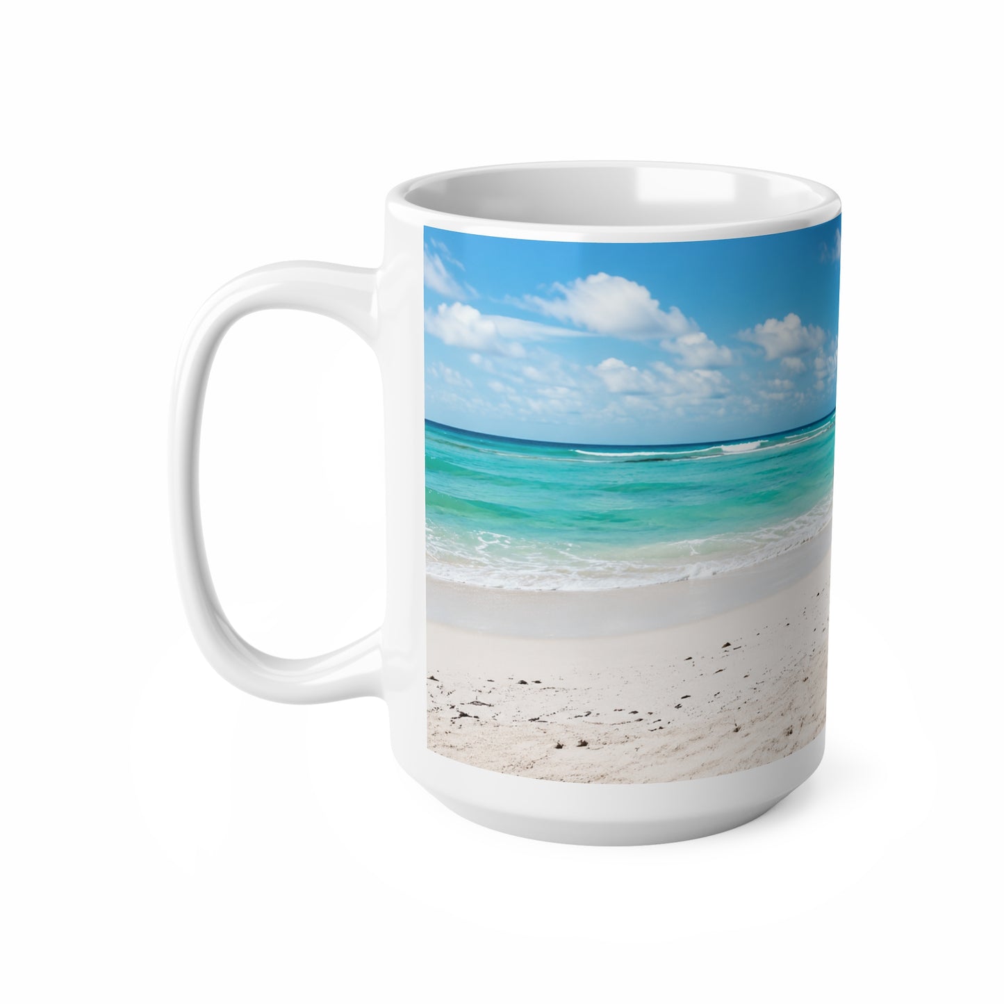 Barbados Beach Bus Stop Photo Mug — Tropical Ocean Scene Ceramic Coffee Cup (11oz & 15oz)