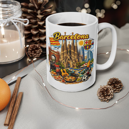 Barcelona Souvenir Mug — Ceramic Coffee Cup 11oz/15oz with Sagrada Familia, Paella & Flag Design
