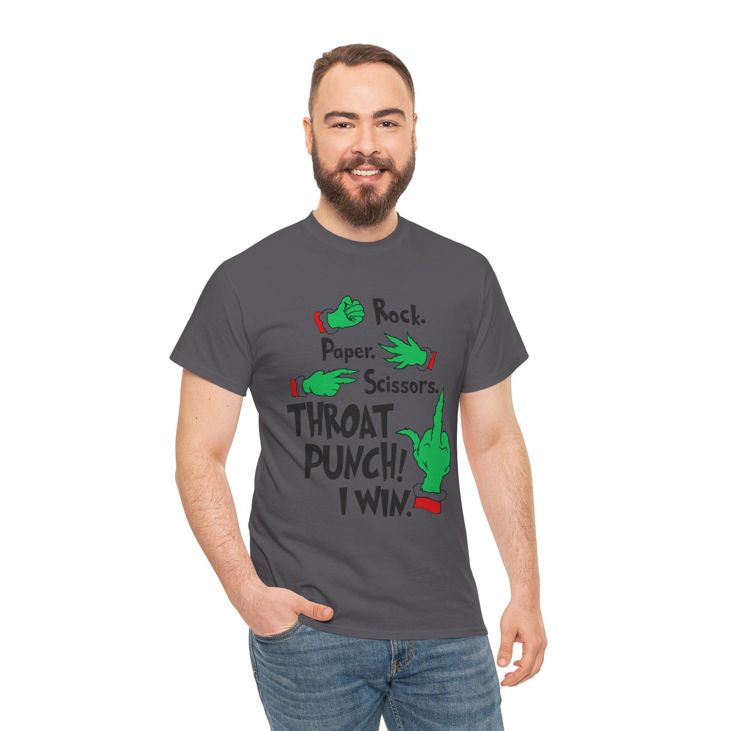 Funny Holiday Tee — "Rock. Paper. Scissors. Throat Punch! I Win" Graphic T-Shirt