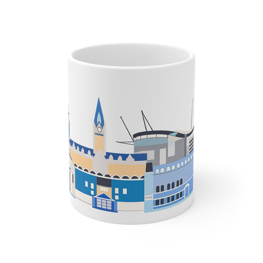 Manchester City Skyline Ceramic Coffee Mug — Blue Landmark Panorama, 11oz & 15oz