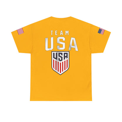 Team USA Flag T‑Shirt — Patriotic Navy Tee with Back Shield Logo