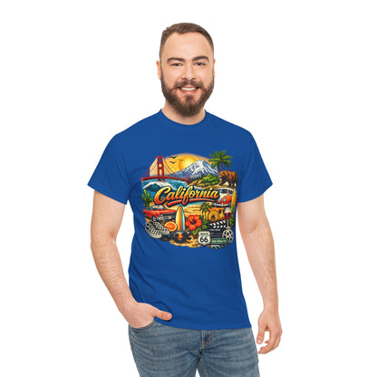 California Vintage Travel T-Shirt — Golden Gate, Palm Trees & Route 66 Tee