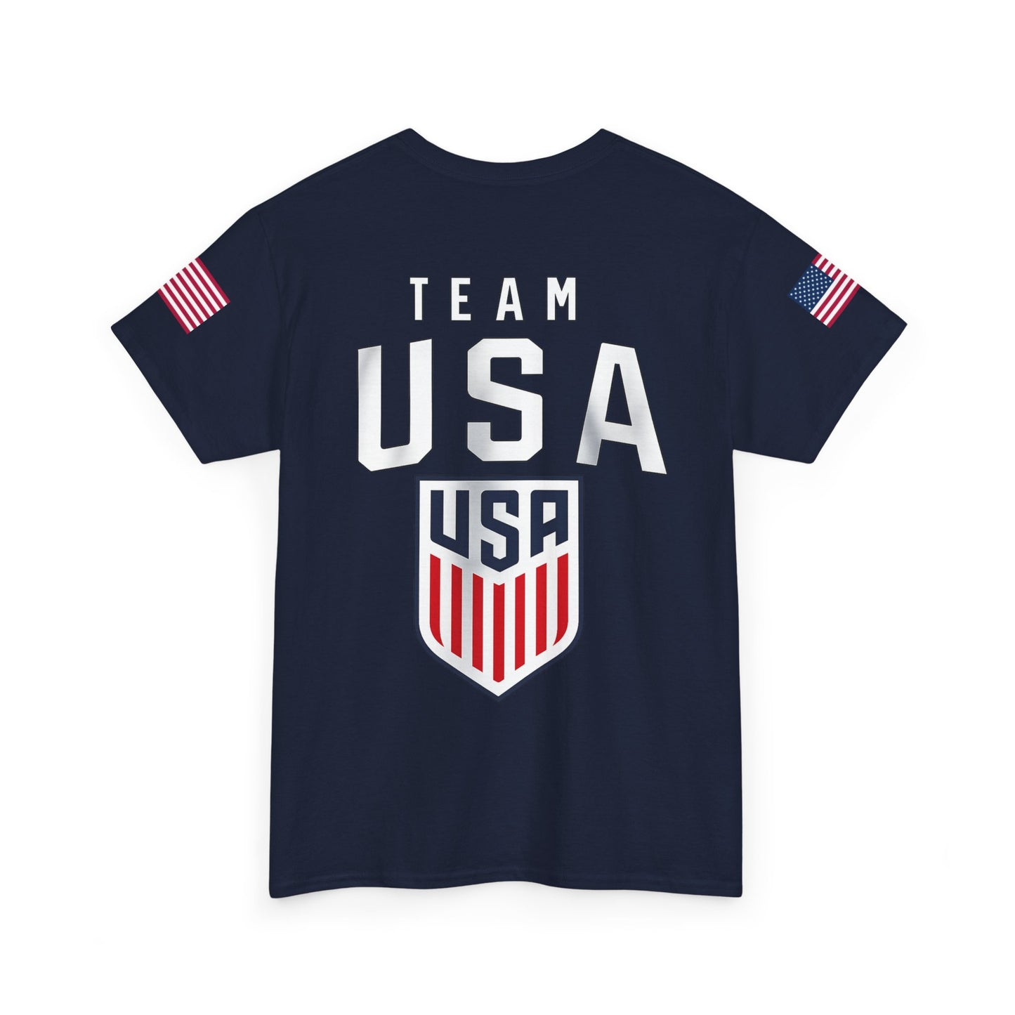 Team USA Flag T‑Shirt — Patriotic Navy Tee with Back Shield Logo