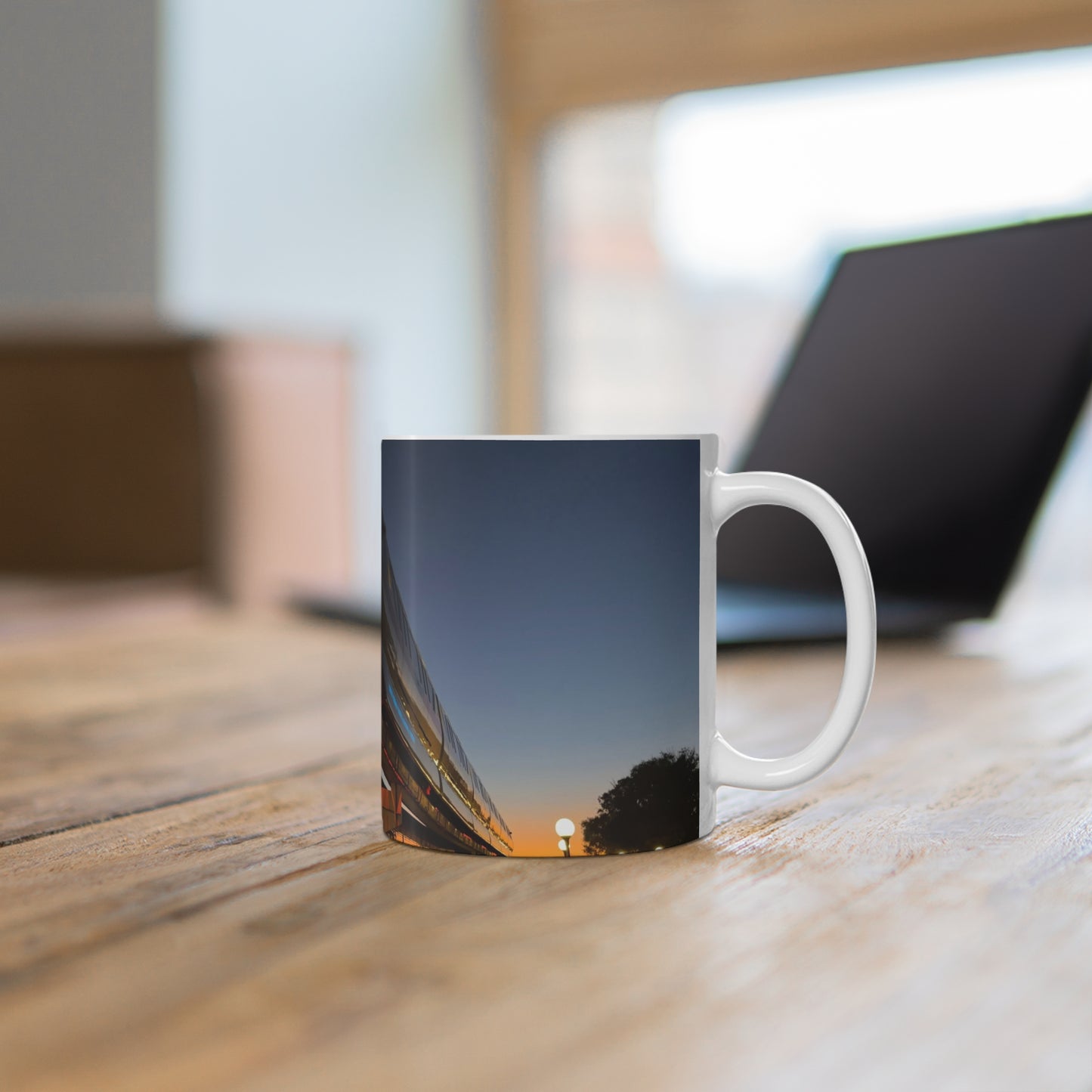 WDW Monorail Nightscape Ceramic Mug — Modern Curved Building Photo (11oz & 15oz)