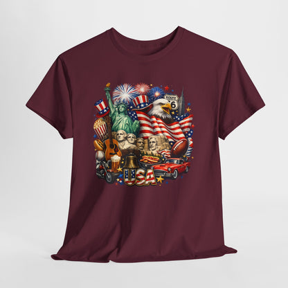 Patriotic USA Graphic Tee – American Flag, Statue of Liberty & Fireworks T-Shirt
