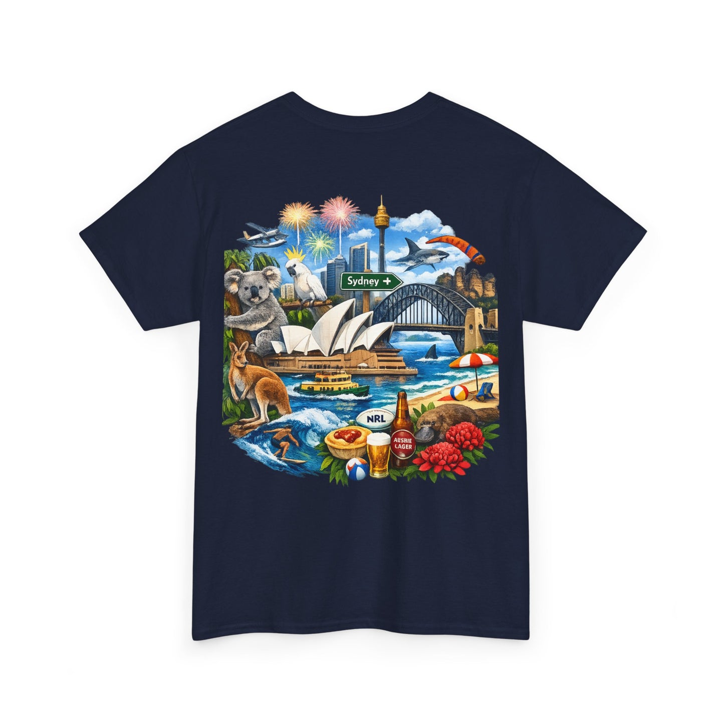 T-Shirt — Sydney Landmark Collage Tee (Opera House, Harbour Bridge, Koala & Beach Scene)