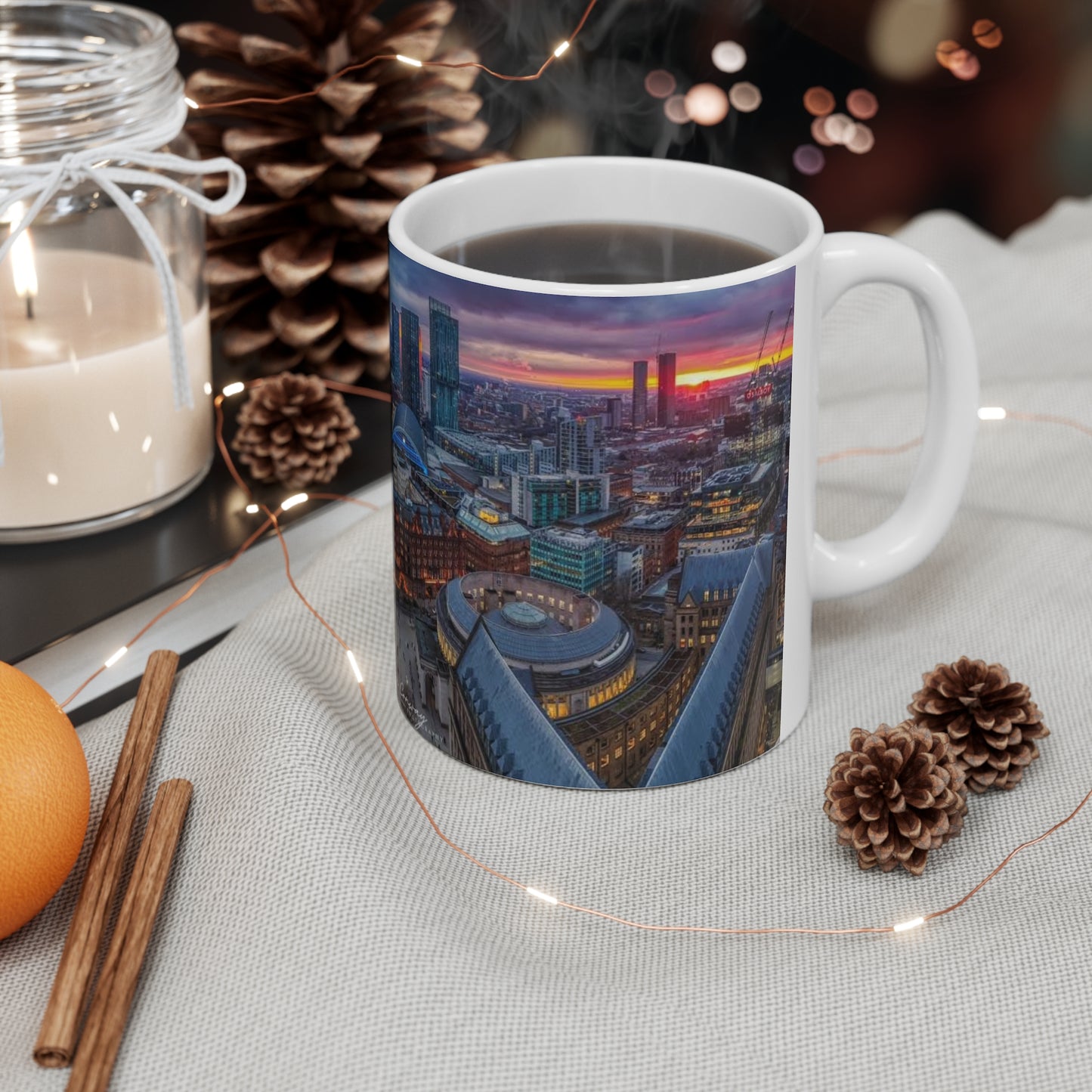 Manchester Cityscape Ceramic Mug — Aerial Skyline Sunset Coffee Cup (11oz, 15oz)