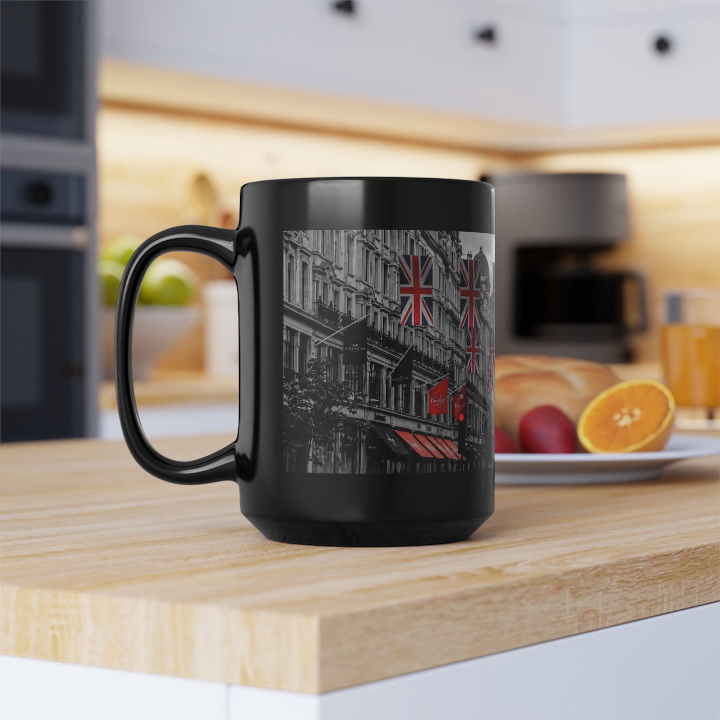 London Street Union Jack Street Scene Black Mug (11oz, 15oz) — London Flags Coffee Cup