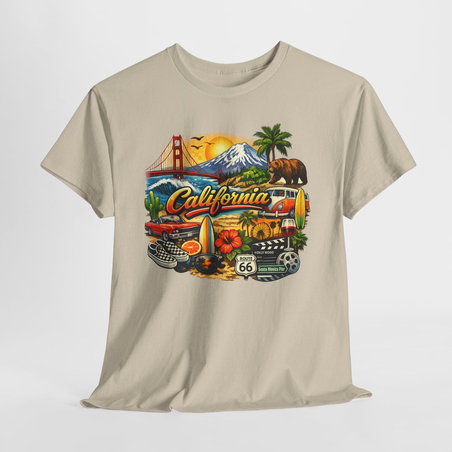 California Vintage Travel T-Shirt — Golden Gate, Palm Trees & Route 66 Tee