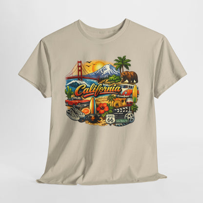 California Vintage Travel T-Shirt — Golden Gate, Palm Trees & Route 66 Tee