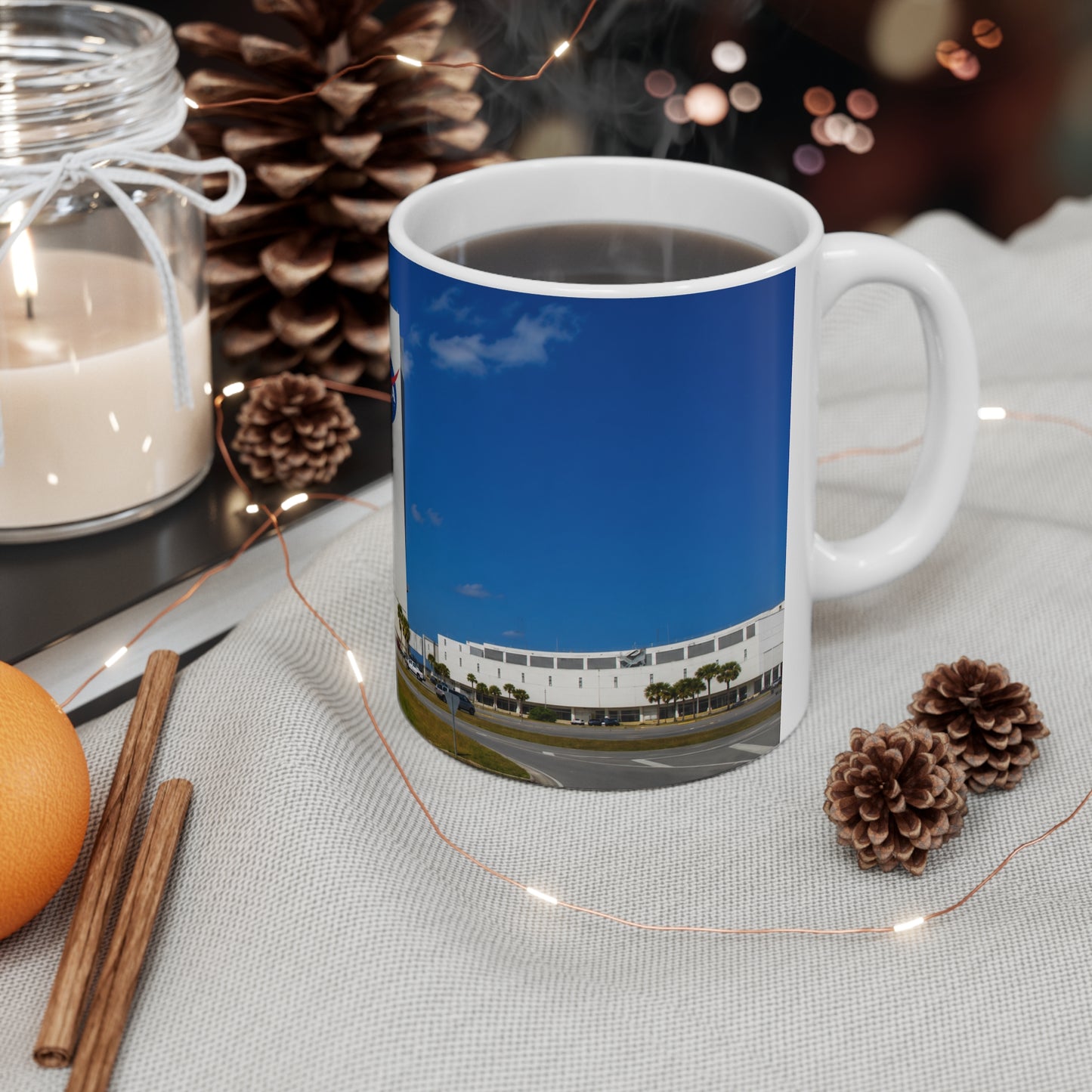 NASA Vehicle Assembly Building Photo Mug — American Flag Kennedy Space Center Souvenir (11oz & 15oz)