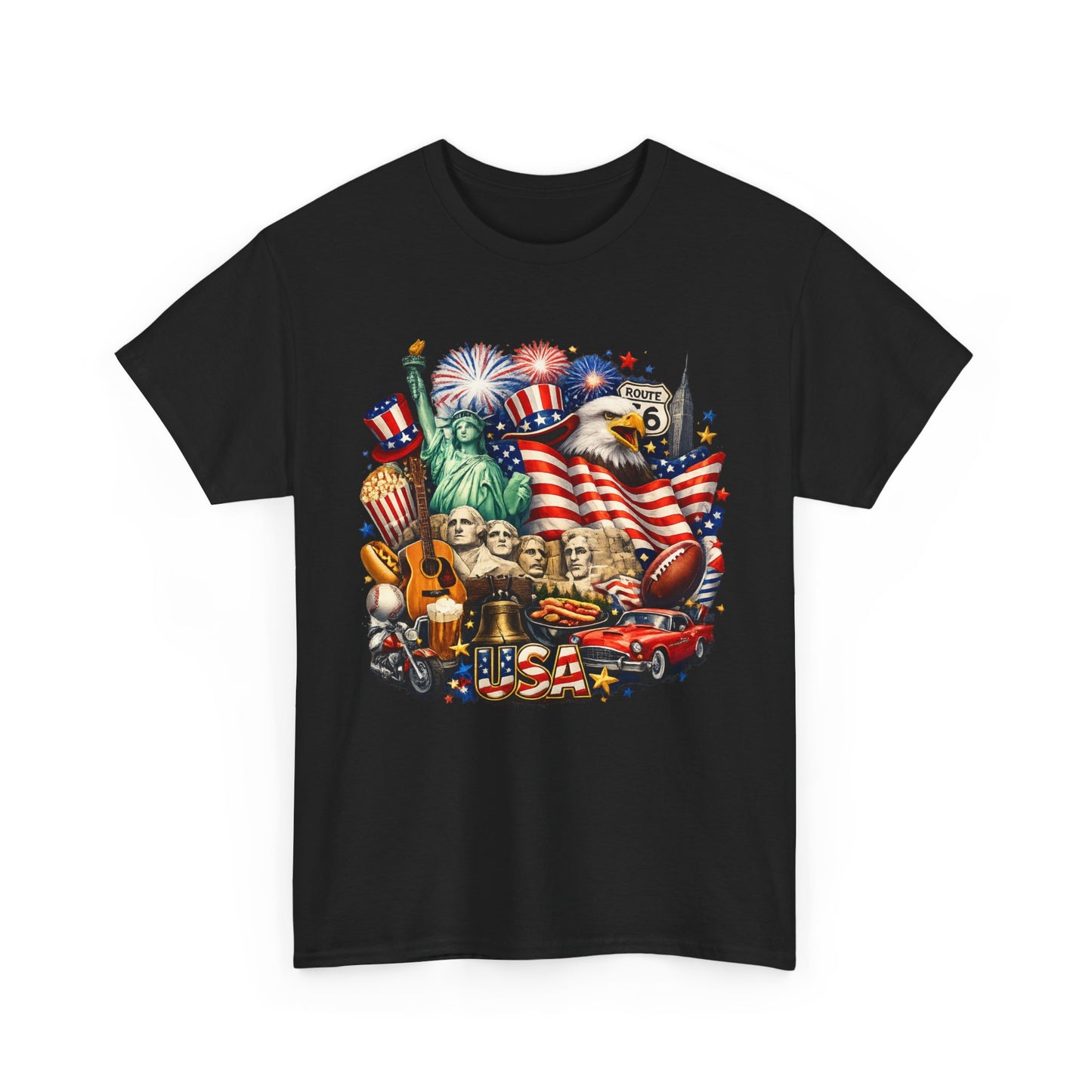 Patriotic USA Graphic Tee – American Flag, Statue of Liberty & Fireworks T-Shirt