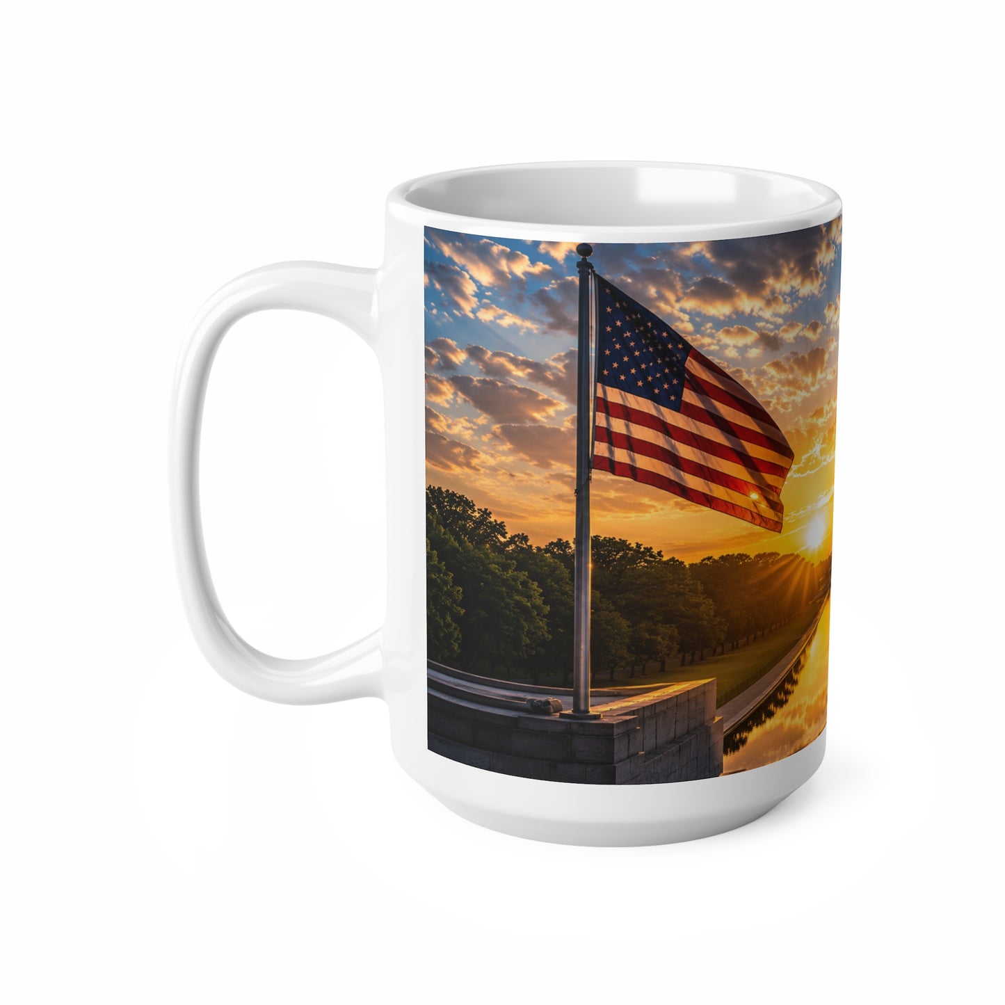 American Flag Washington Monument Sunrise Mug – Patriotic Ceramic Coffee Cup (11oz, 15oz)