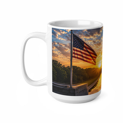 American Flag Washington Monument Sunrise Mug – Patriotic Ceramic Coffee Cup (11oz, 15oz)