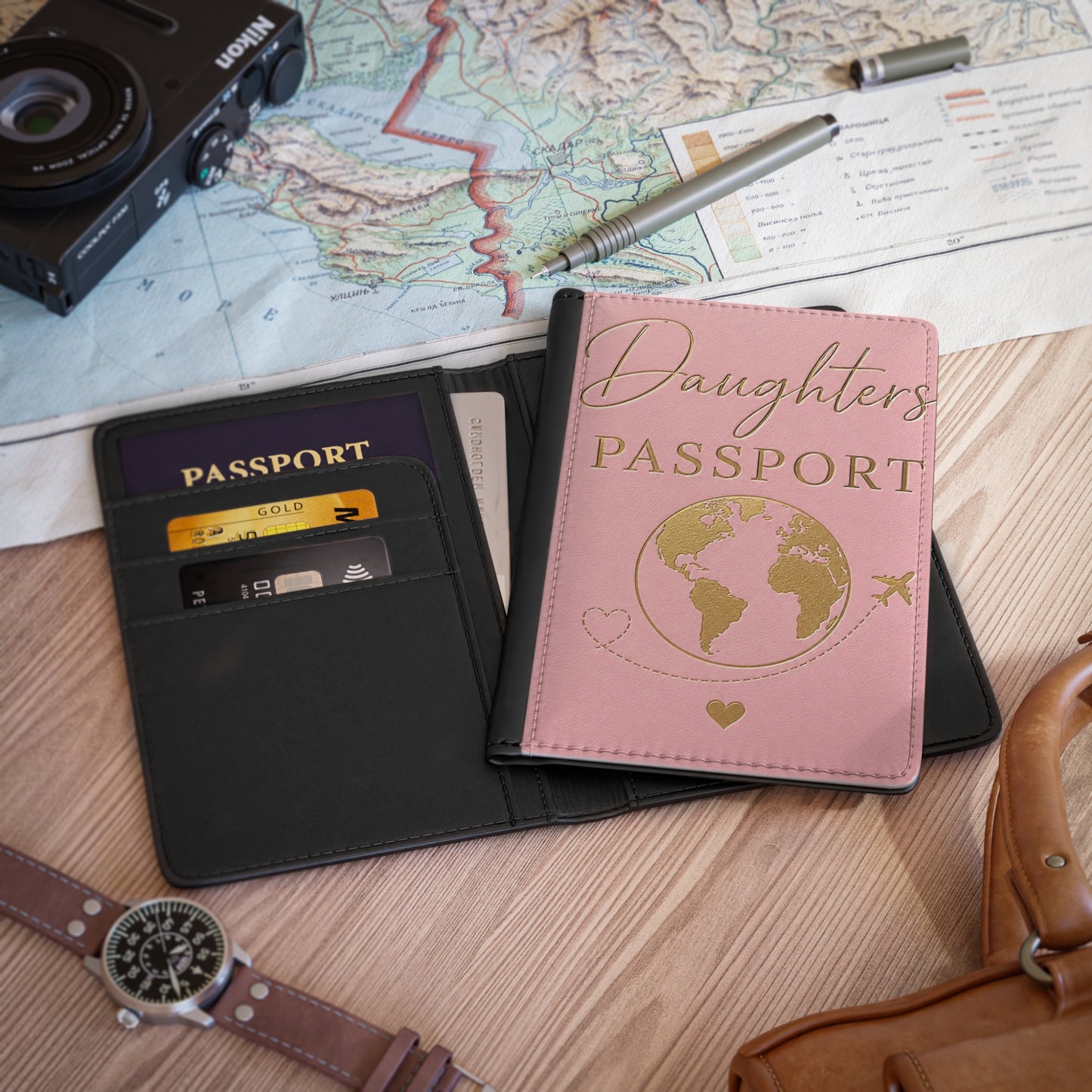 Daughters Passport Cover – Pink Travel Passport Holder with Gold Globe & Heart Design