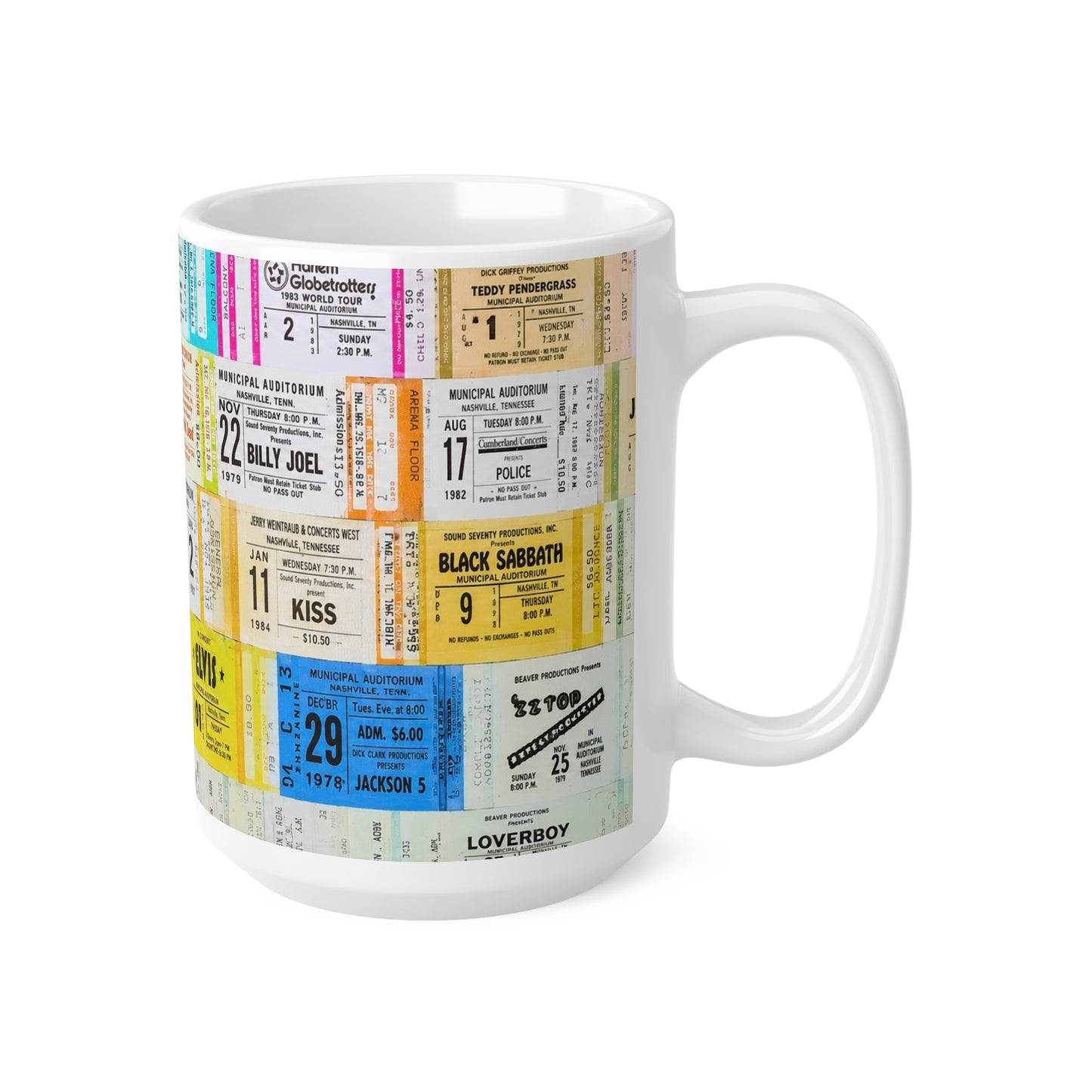 Vintage Concert Ticket Collage Mug — Retro Music Memorabilia Ceramic Coffee Cup