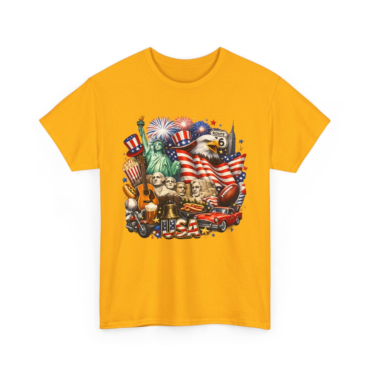 Patriotic USA Graphic Tee – American Flag, Statue of Liberty & Fireworks T-Shirt