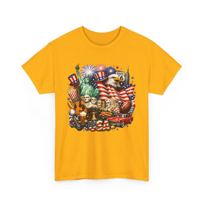 Patriotic USA Graphic Tee – American Flag, Statue of Liberty & Fireworks T-Shirt